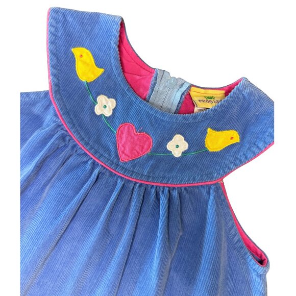 Frog Legs Toddler Corduroy Dress | Size 3T | Blue Sleeveless w/ Bird & Heart Ap - Picture 2 of 8